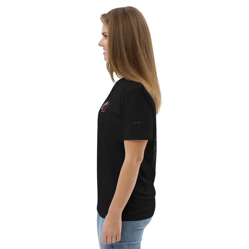 Woman wearing black t-shirt with small red embroidered design, side view, Ivorynn fashion