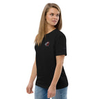 Woman wearing black t-shirt with small red cartoon monkey embroidery, Ivorynn fashion