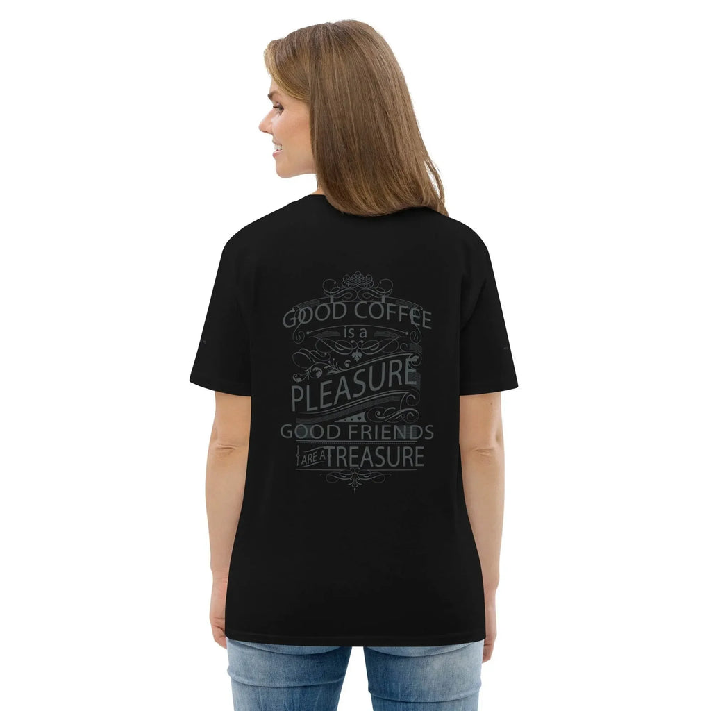 Woman in black t-shirt with 'Good Coffee is a Pleasure, Good Friends are a Treasure' print, IVORYNN fashion