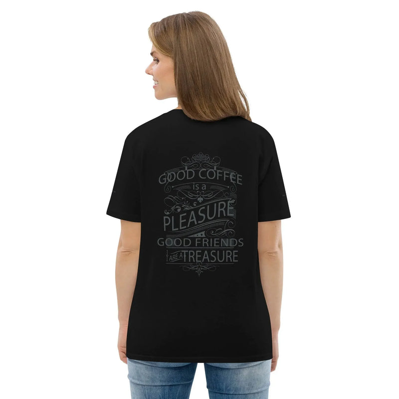 Woman in black t-shirt with 'Good Coffee is a Pleasure, Good Friends are a Treasure' print, IVORYNN fashion