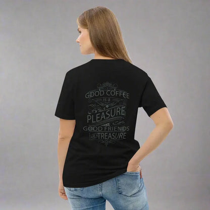 Woman wearing black t-shirt with 'Good coffee is a pleasure, good friends are a treasure' quote on back, IVORYNN fashion style