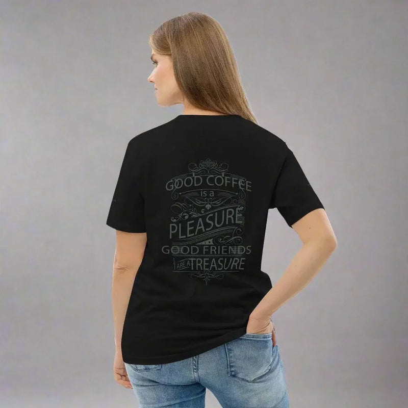 Woman wearing black t-shirt with 'Good coffee is a pleasure, good friends are a treasure' quote on back, IVORYNN fashion style