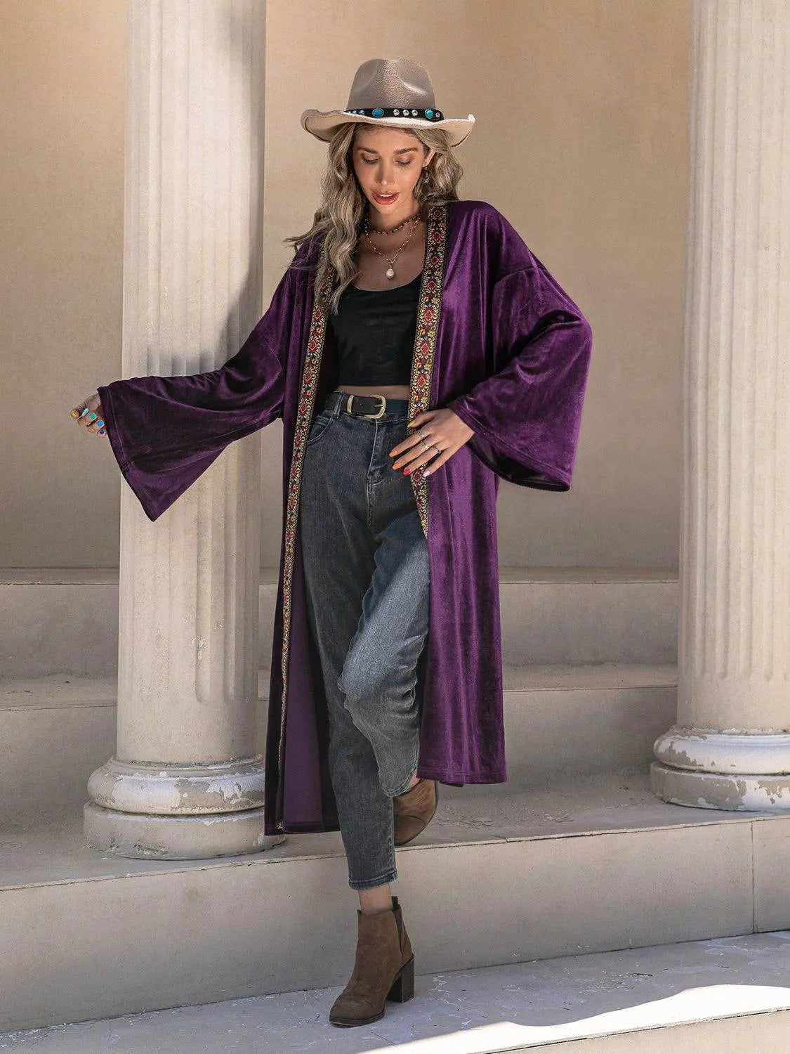 Embroidered Open Front Long Sleeve Cardigan Abaya - IVORYNN