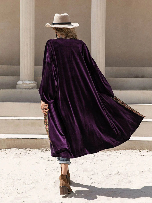 Embroidered Open Front Long Sleeve Cardigan Abaya