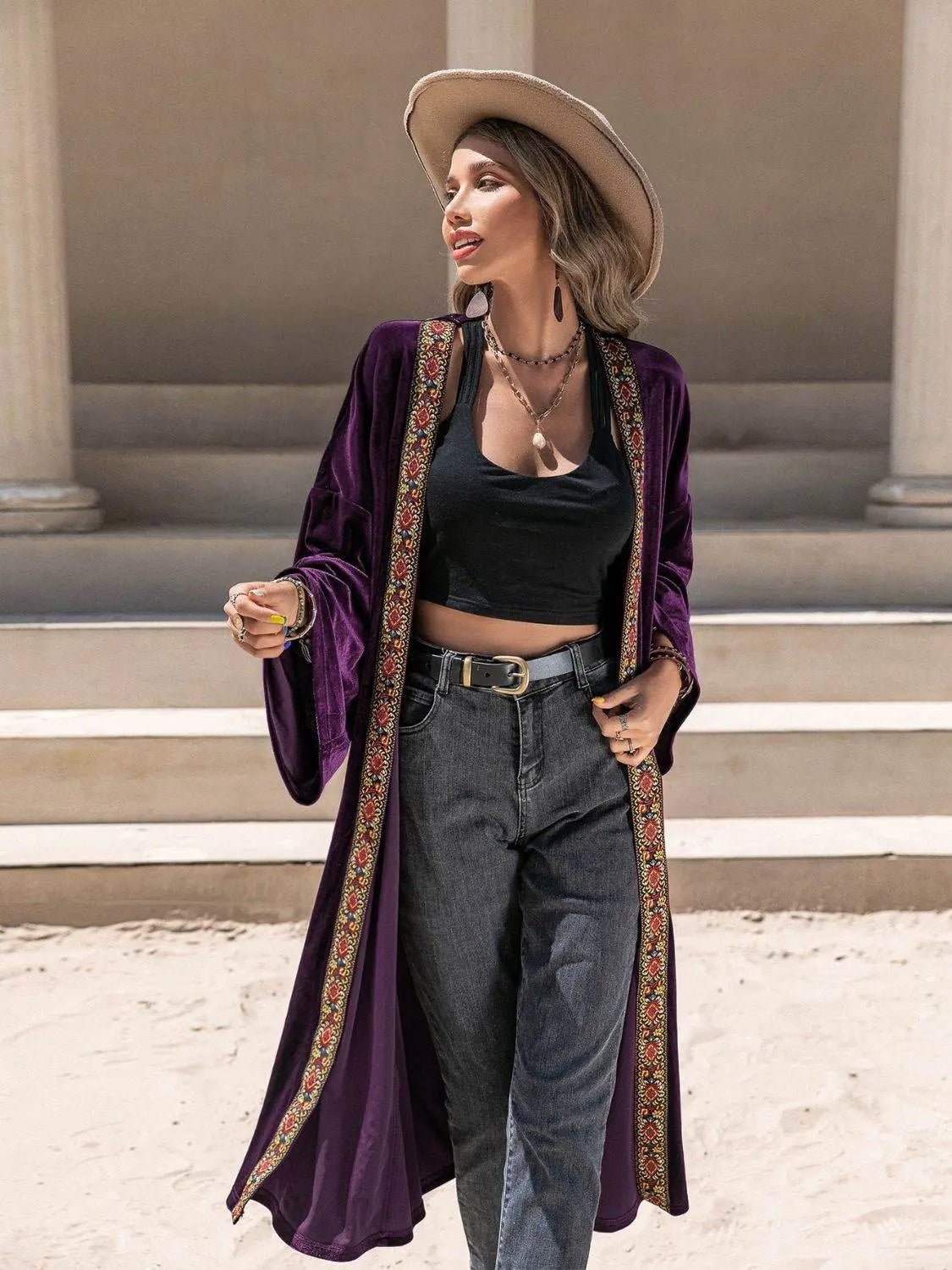 Embroidered Open Front Long Sleeve Cardigan Abaya - IVORYNN