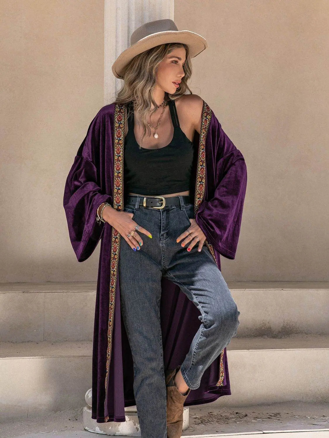 Embroidered Open Front Long Sleeve Cardigan Abaya - IVORYNN