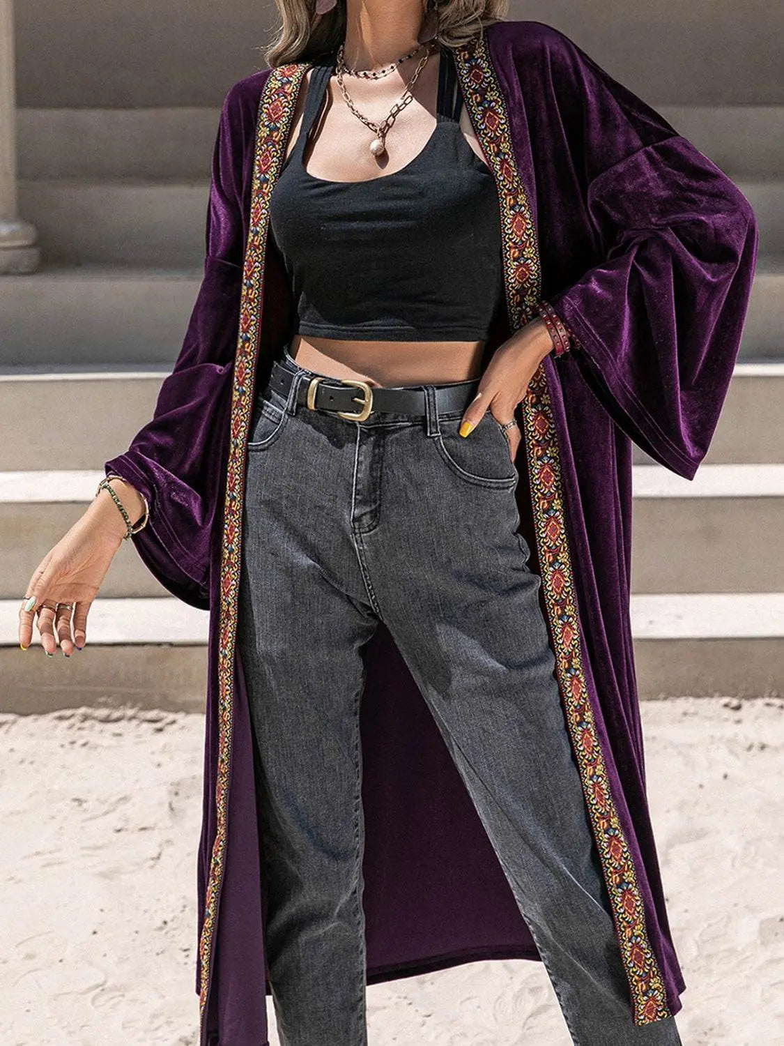 Embroidered Open Front Long Sleeve Cardigan Abaya - IVORYNN