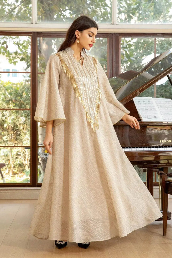 Embroidery Mesh Flare Sleeve Luxury Jalabya - IVORYNN