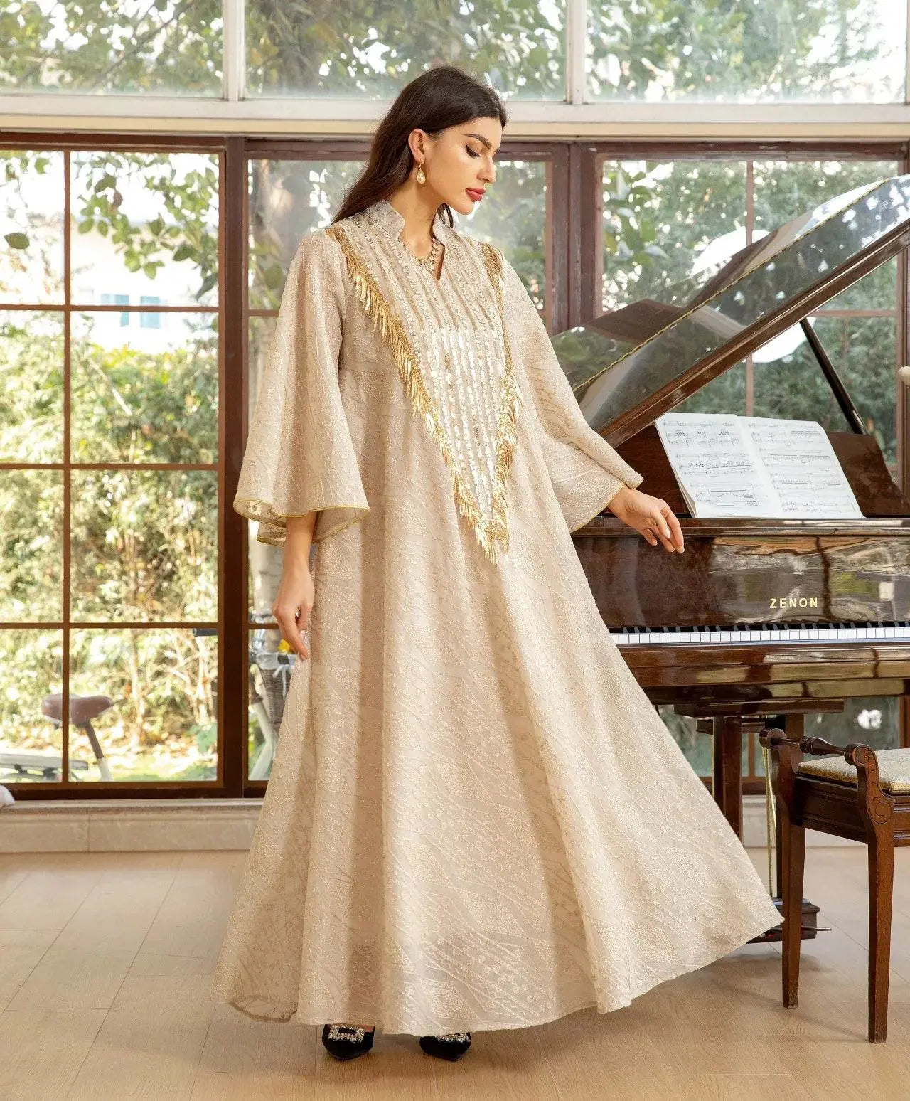 Embroidery Mesh Flare Sleeve Luxury Jalabya - IVORYNN