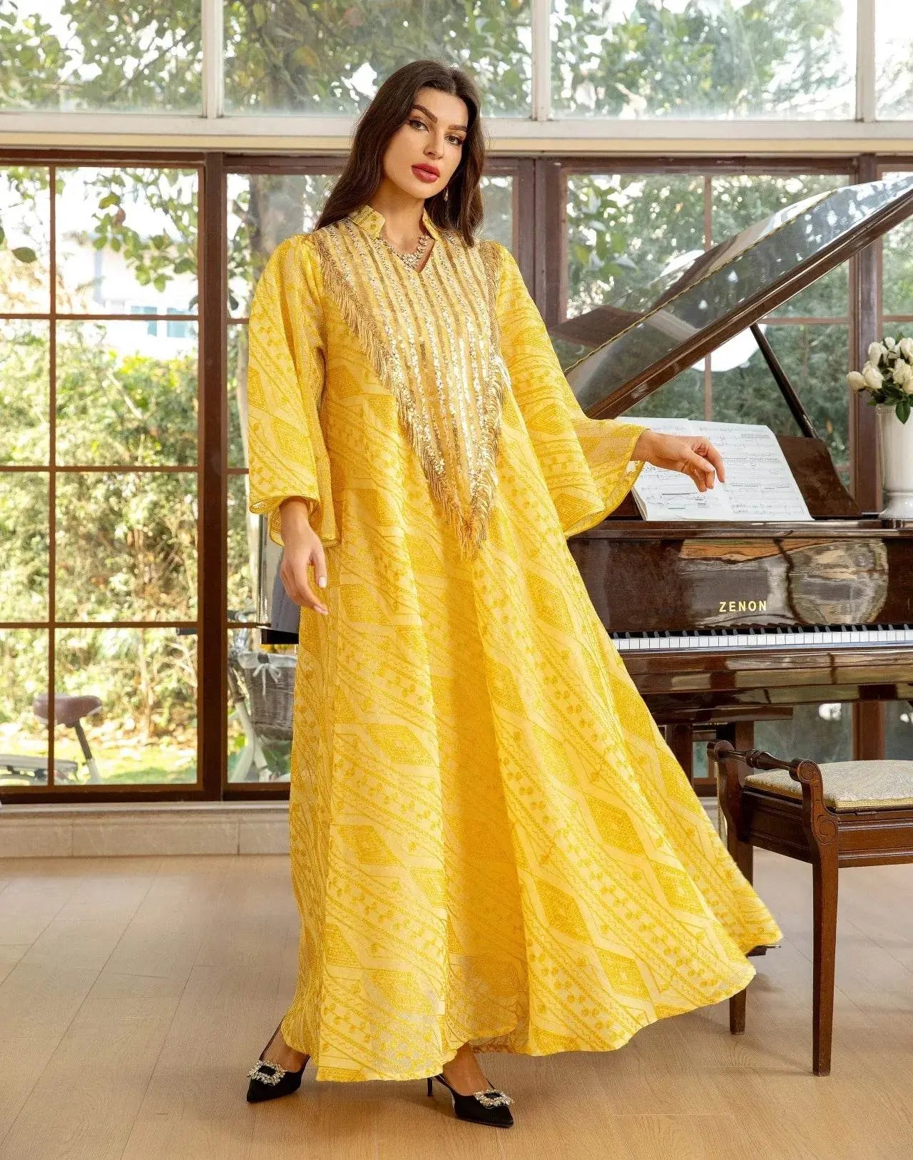 Embroidery Mesh Flare Sleeve Luxury Jalabya - IVORYNN