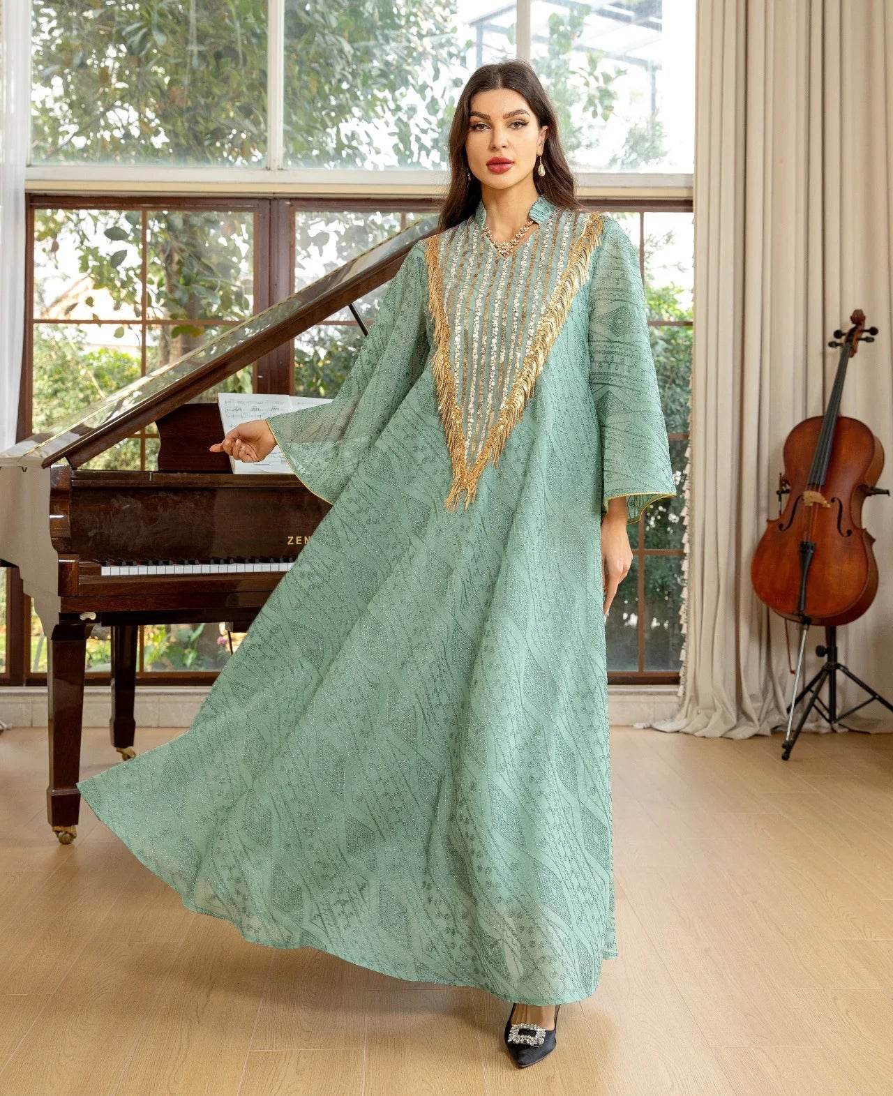 Embroidery Mesh Flare Sleeve Luxury Jalabya - IVORYNN