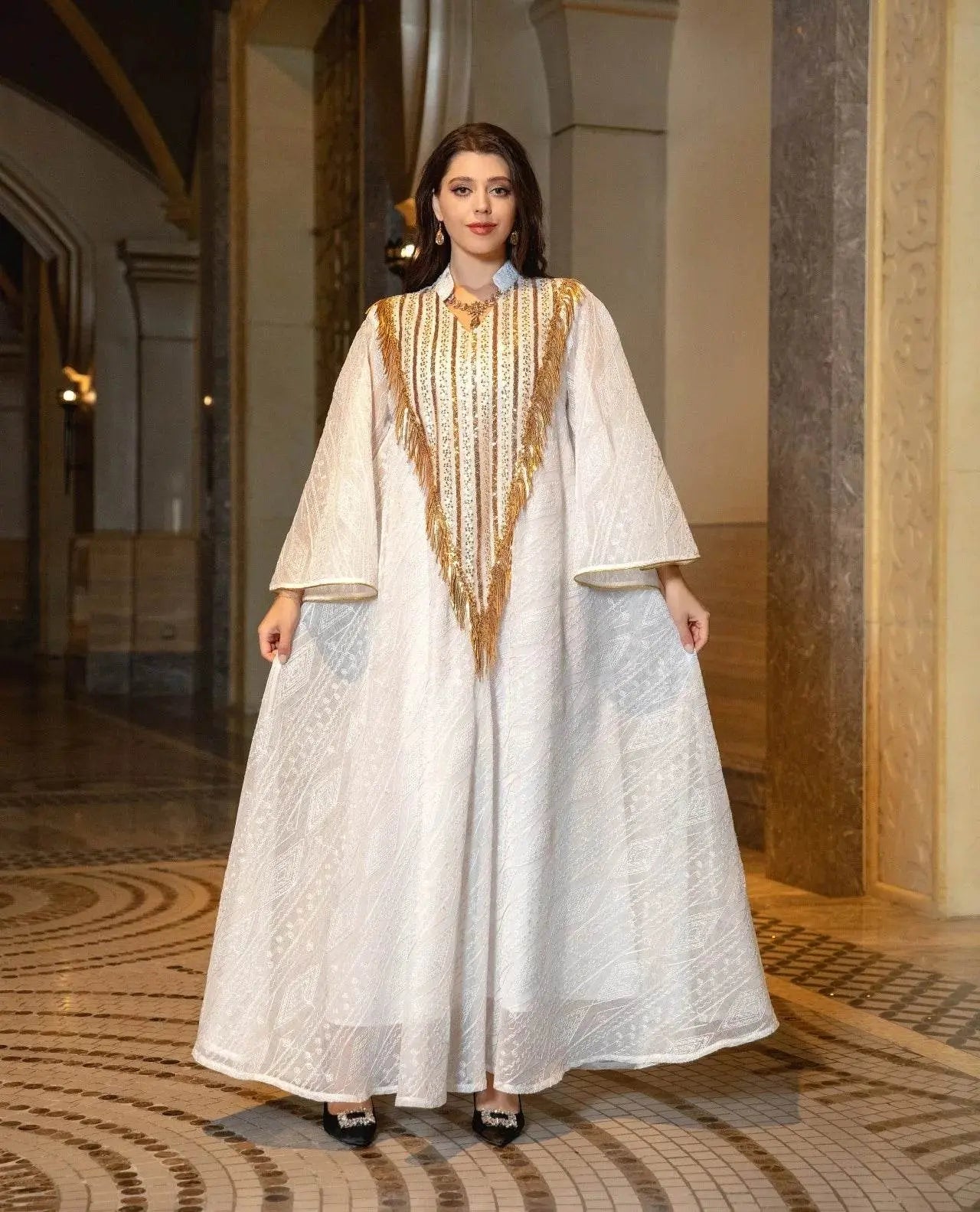 Embroidery Mesh Flare Sleeve Luxury Jalabya - IVORYNN