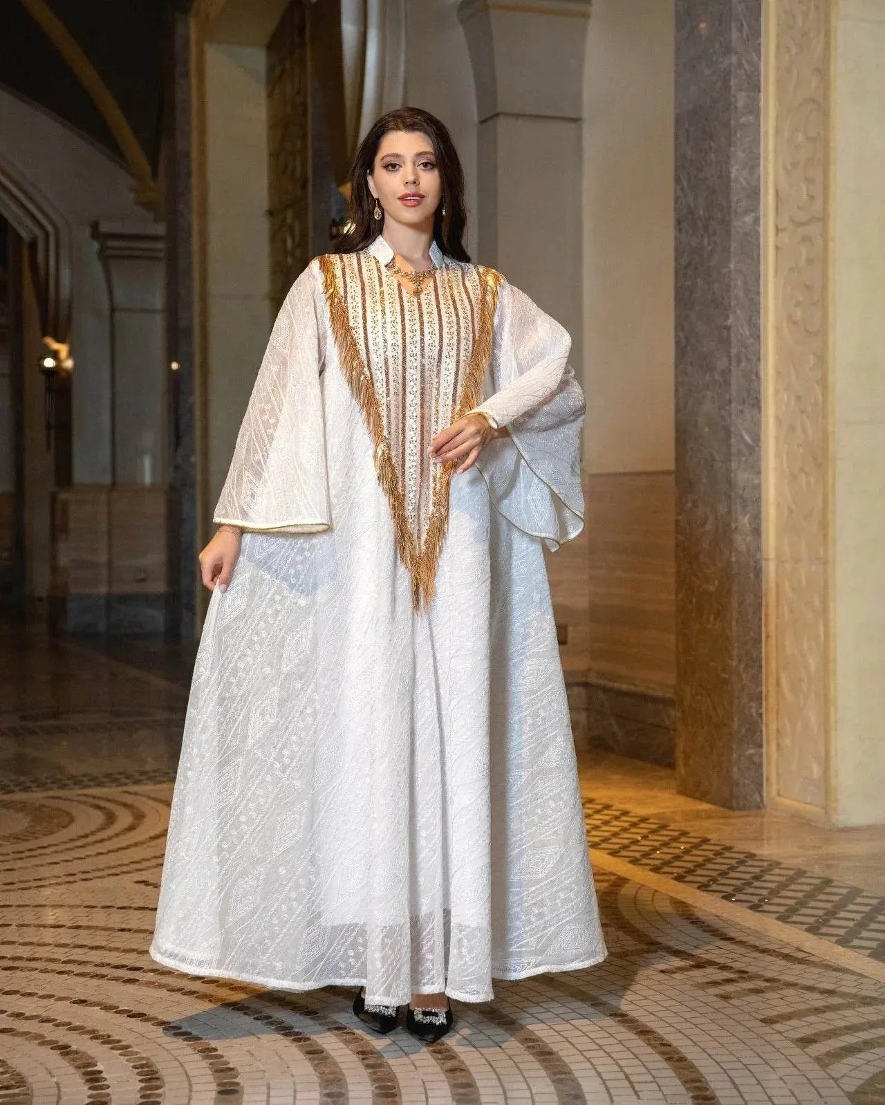 Embroidery Mesh Flare Sleeve Luxury Jalabya - IVORYNN