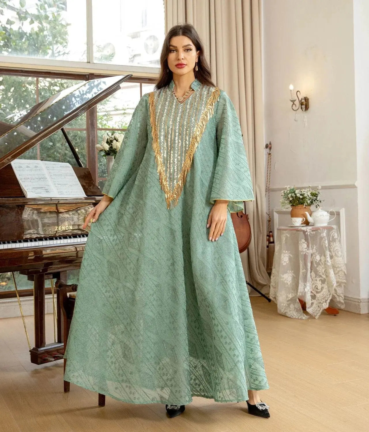 Embroidery Mesh Flare Sleeve Luxury Jalabya - IVORYNN