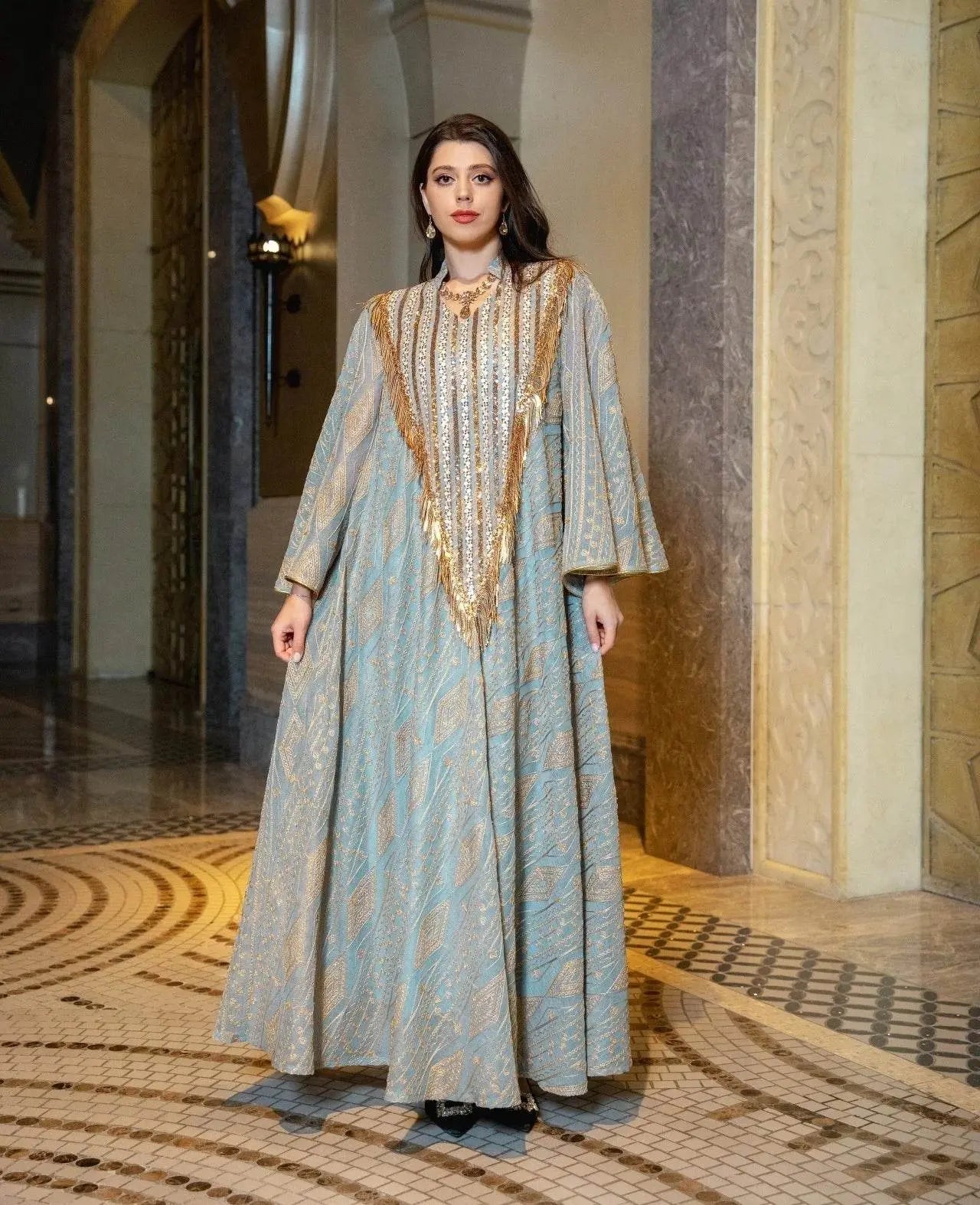 Embroidery Mesh Flare Sleeve Luxury Jalabya - IVORYNN