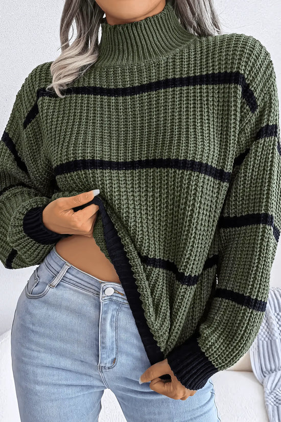 European Style Striped Lantern Sleeve  Knitted Pullover - IVORYNN