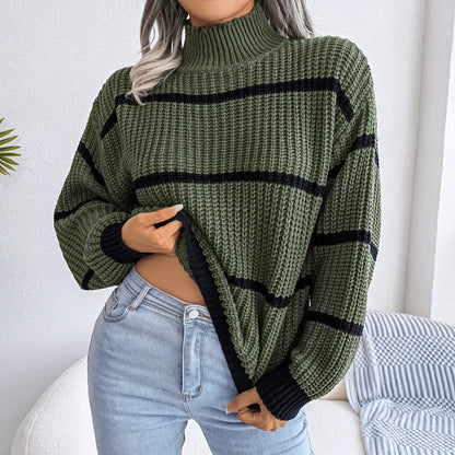 European Style Striped Lantern Sleeve  Knitted Pullover - IVORYNN