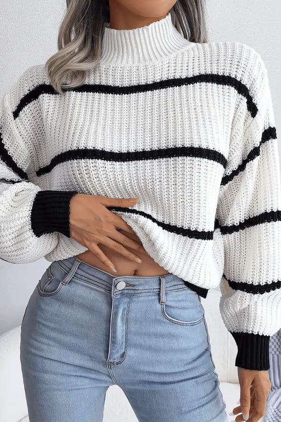 European Style Striped Lantern Sleeve  Knitted Pullover - IVORYNN