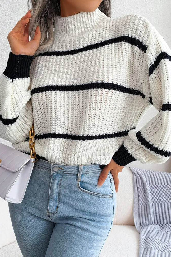 European Style Striped Lantern Sleeve  Knitted Pullover - IVORYNN