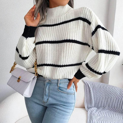 European Style Striped Lantern Sleeve  Knitted Pullover - IVORYNN