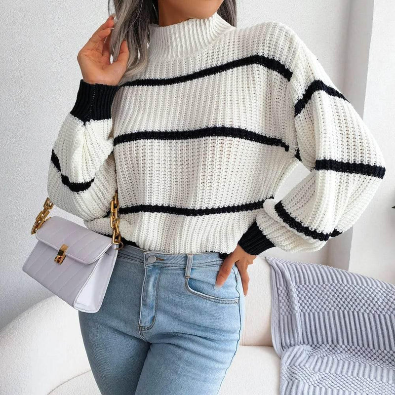European Style Striped Lantern Sleeve  Knitted Pullover - IVORYNN