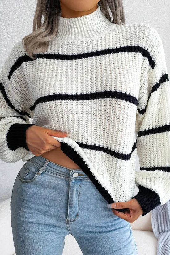 European Style Striped Lantern Sleeve  Knitted Pullover - IVORYNN