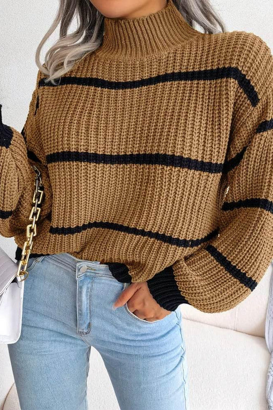European Style Striped Lantern Sleeve  Knitted Pullover - IVORYNN