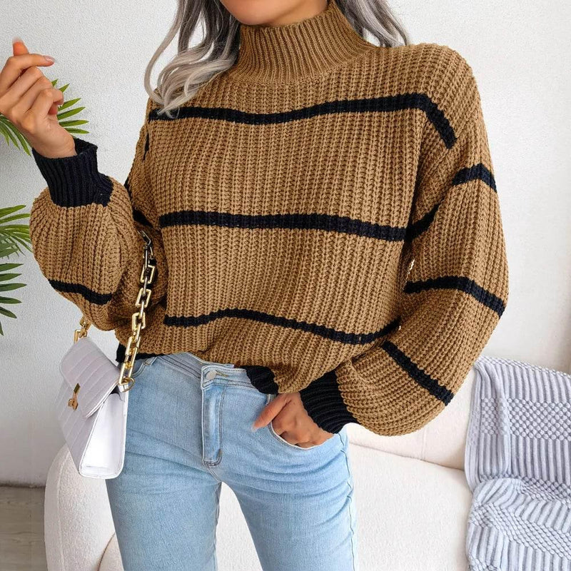 European Style Striped Lantern Sleeve  Knitted Pullover - IVORYNN