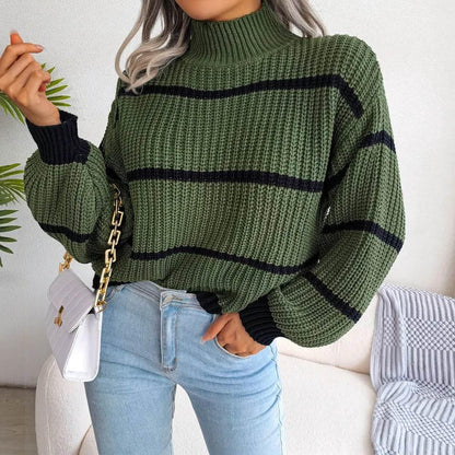 European Style Striped Lantern Sleeve  Knitted Pullover - IVORYNN