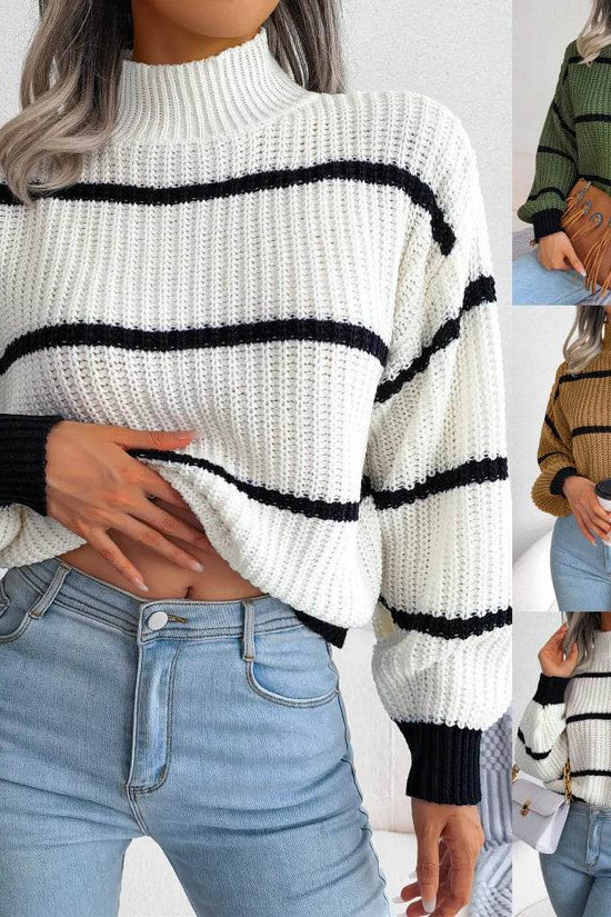 European Style Striped Lantern Sleeve  Knitted Pullover - IVORYNN