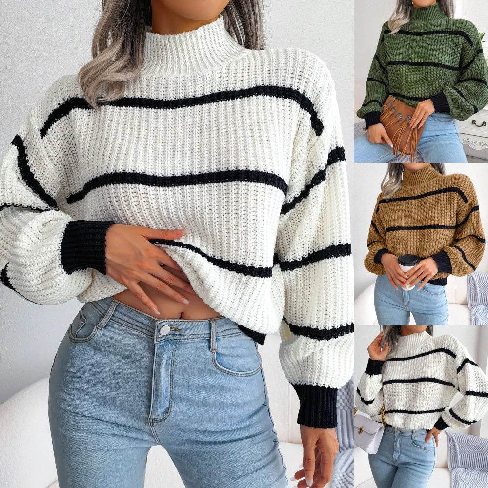 European Style Striped Lantern Sleeve  Knitted Pullover - IVORYNN