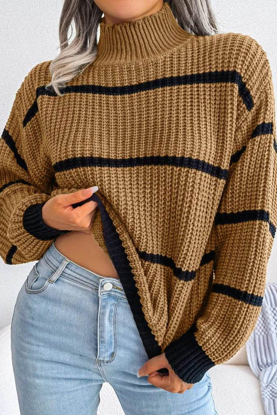 European Style Striped Lantern Sleeve  Knitted Pullover - IVORYNN