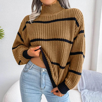 European Style Striped Lantern Sleeve  Knitted Pullover - IVORYNN