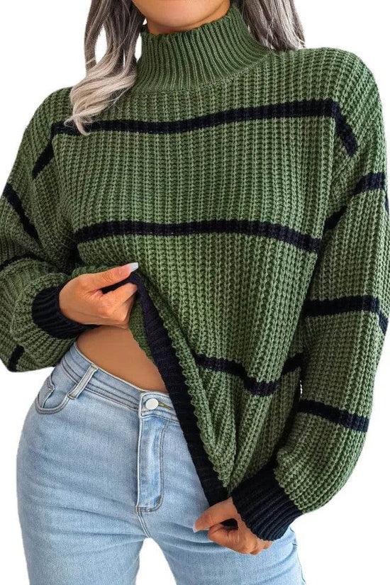 European Style Striped Lantern Sleeve  Knitted Pullover - IVORYNN