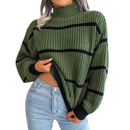 European Style Striped Lantern Sleeve  Knitted Pullover - IVORYNN