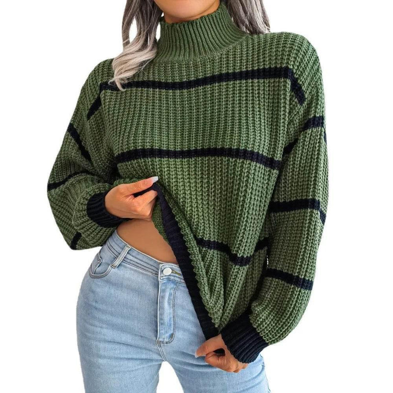 European Style Striped Lantern Sleeve  Knitted Pullover - IVORYNN
