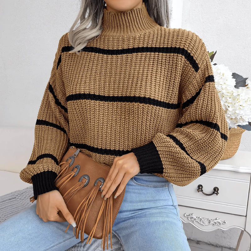 European Style Striped Lantern Sleeve  Knitted Pullover - IVORYNN