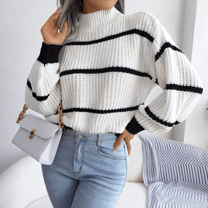 European Style Striped Lantern Sleeve  Knitted Pullover - IVORYNN