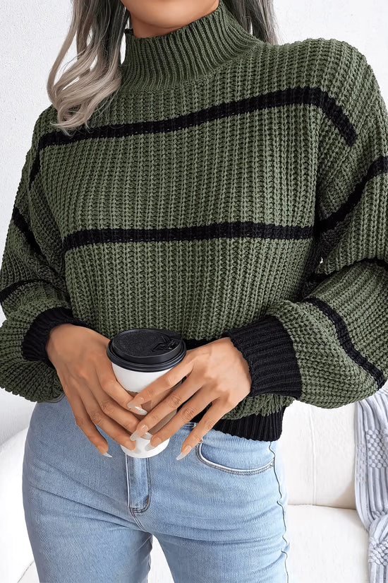 European Style Striped Lantern Sleeve  Knitted Pullover - IVORYNN