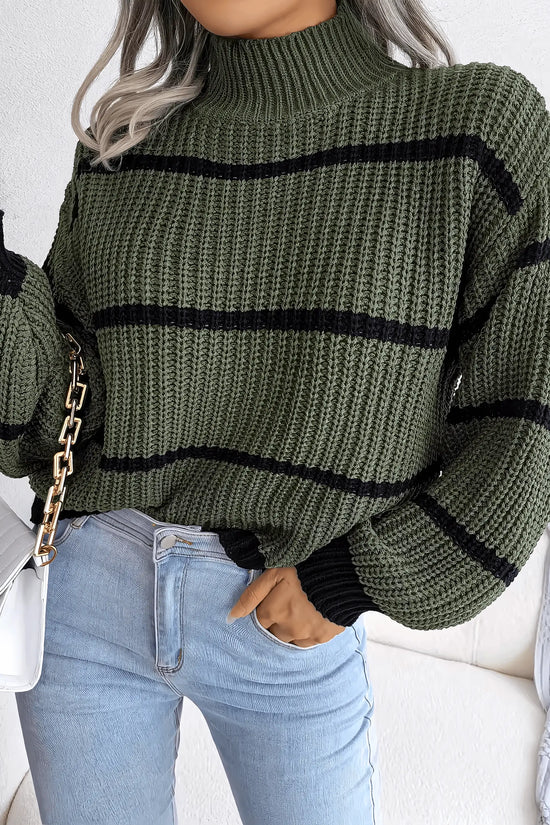 European Style Striped Lantern Sleeve  Knitted Pullover - IVORYNN