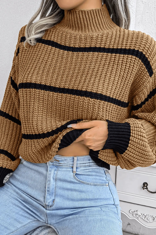 European Style Striped Lantern Sleeve  Knitted Pullover - IVORYNN