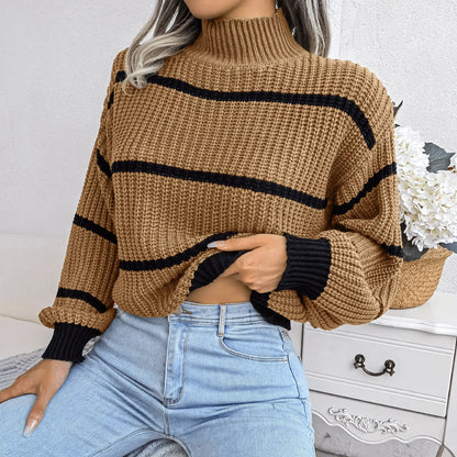 European Style Striped Lantern Sleeve  Knitted Pullover - IVORYNN