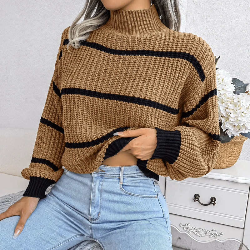 European Style Striped Lantern Sleeve  Knitted Pullover - IVORYNN