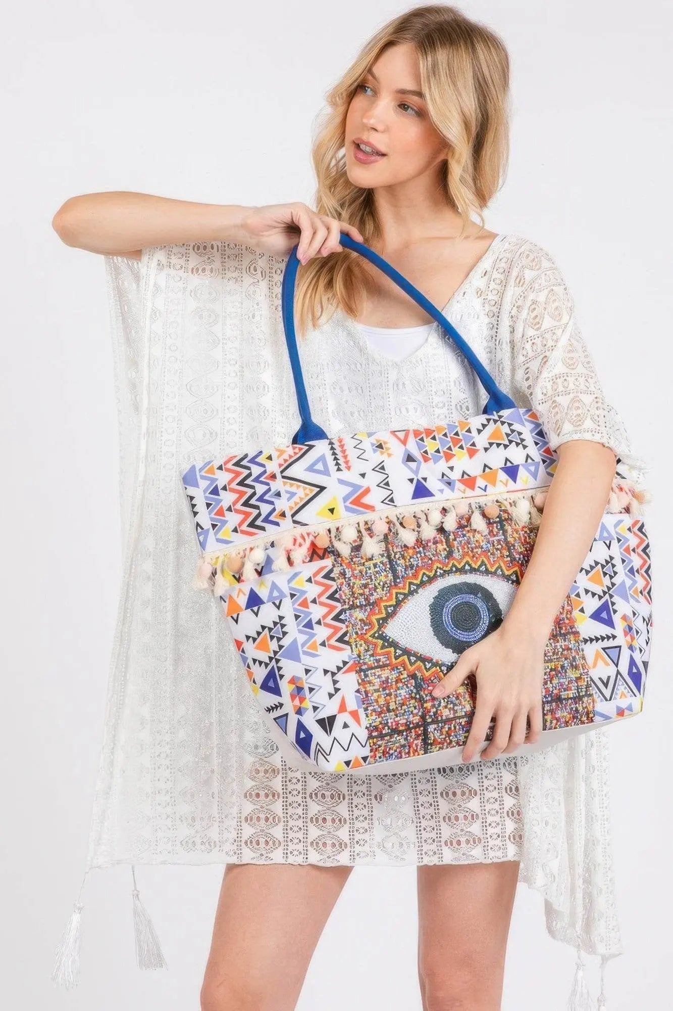 Eye Boho Pom Pom Fringe Beach Bags - IVORYNN