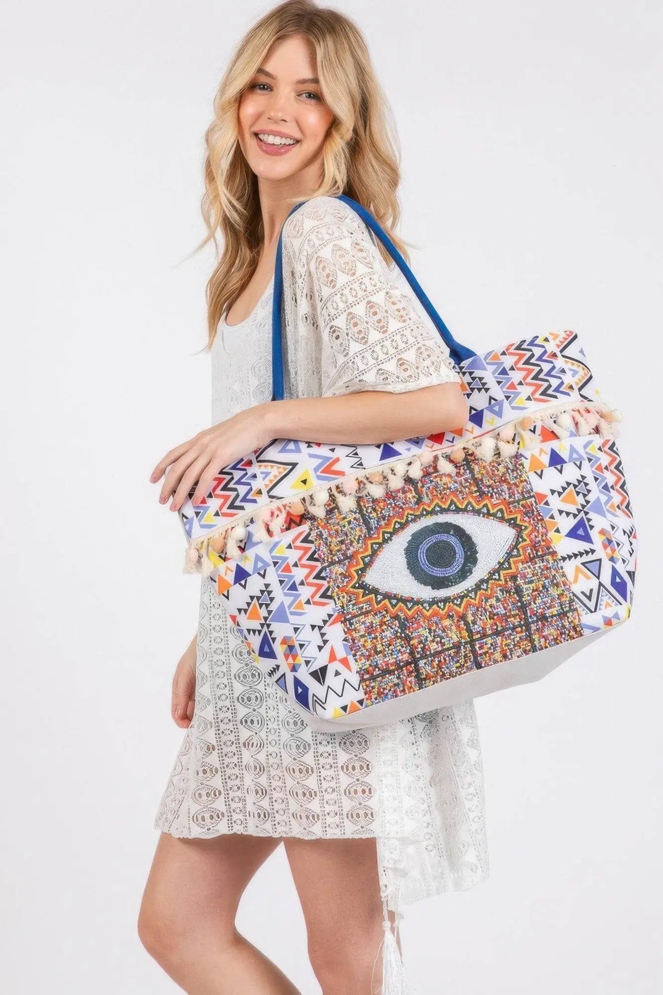 Eye Boho Pom Pom Fringe Beach Bags - IVORYNN