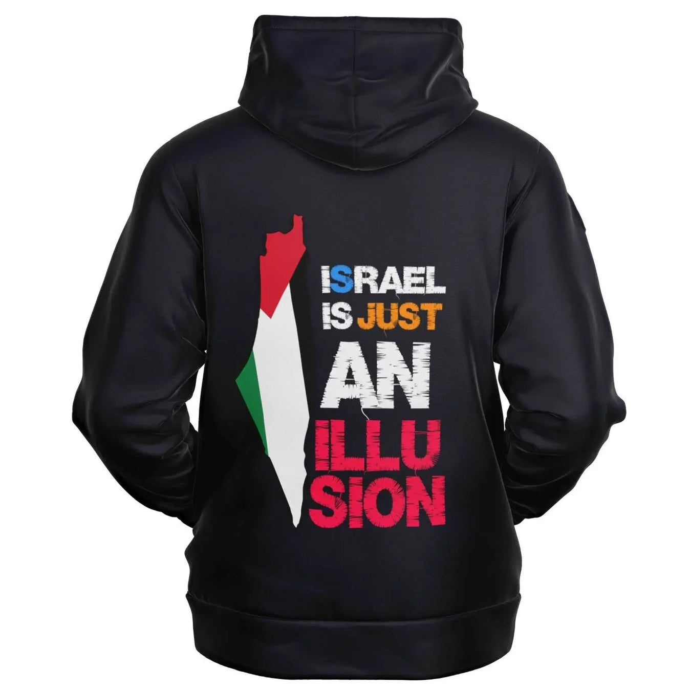 Black zip-up hoodie with map graphic and multicolored text on back, seen from behind
