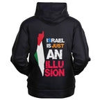 Black zip-up hoodie with map graphic and multicolored text on back, seen from behind