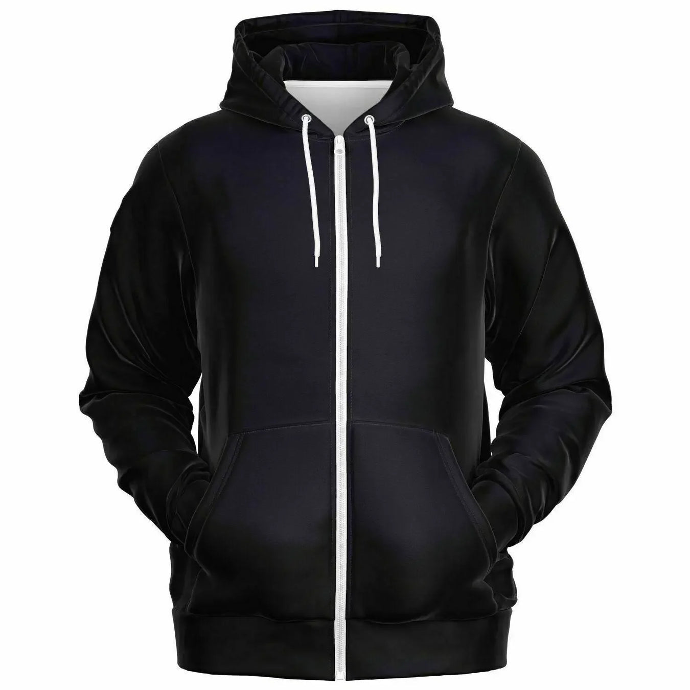 Black athletic zip-up hoodie with white drawstrings and front pockets from Ivorynn