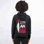 Person wearing a black zip-up hoodie with bold text and map graphic on the back, photographed against a plain background.