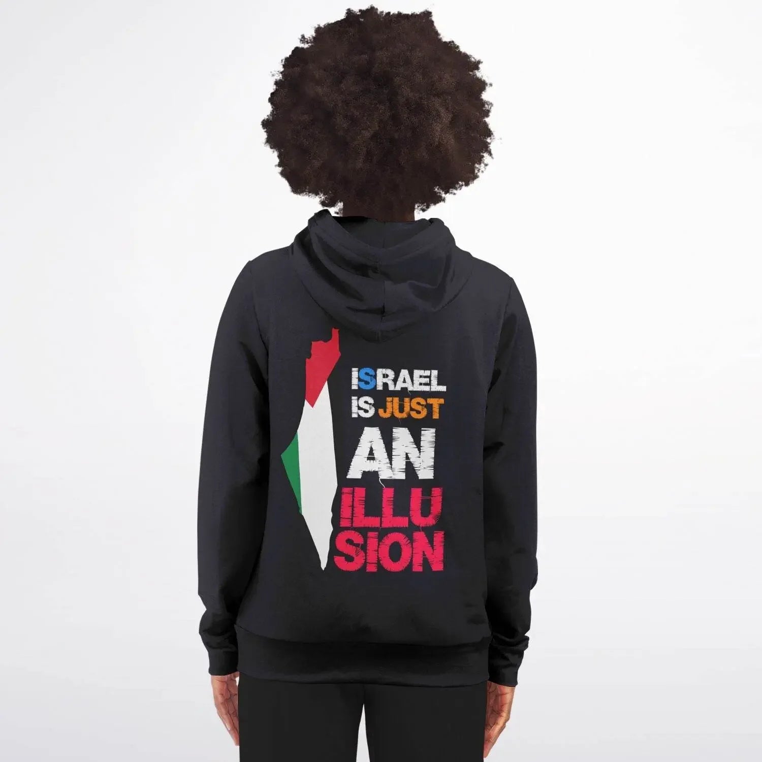 Person wearing a black zip-up hoodie with bold text and map graphic on the back, photographed against a plain background.